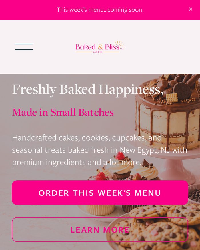Baked & Bliss Cafe Squarespace website homepage